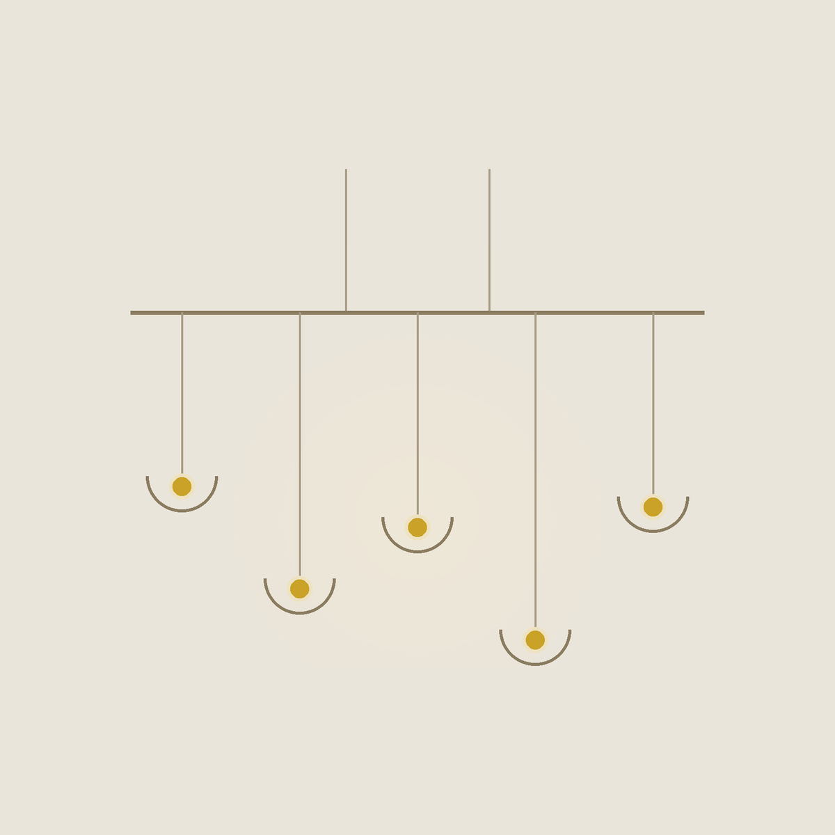 Meridian chandelier — a brass bar with weighted glass drops at uneven heights