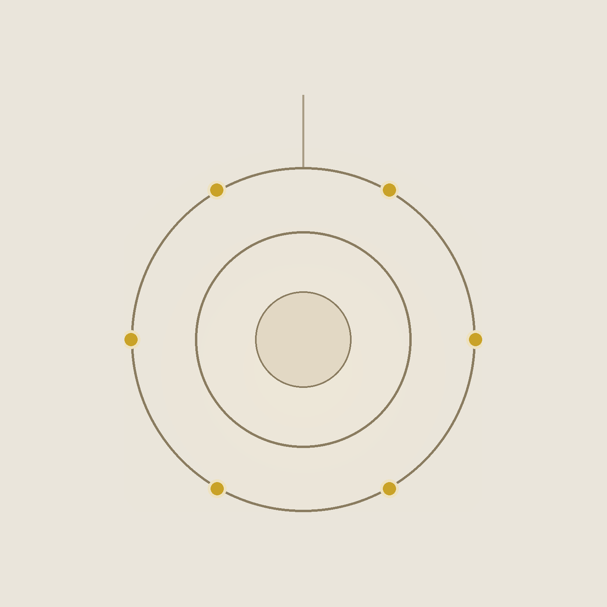 Orbit chandelier — two brass rings turning around a carved alabaster core