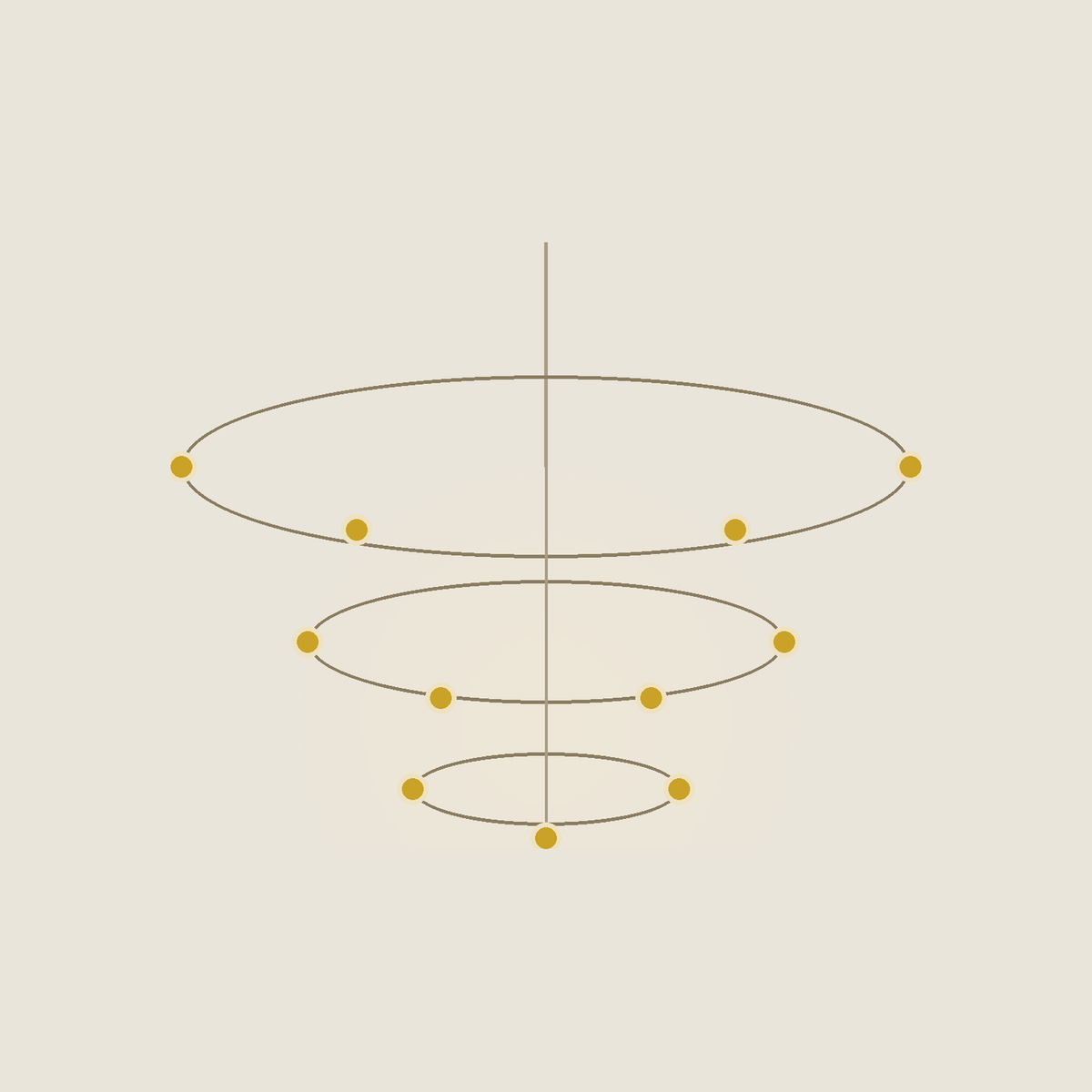 Halo chandelier — three tiers of hand-blown glass on a brass frame