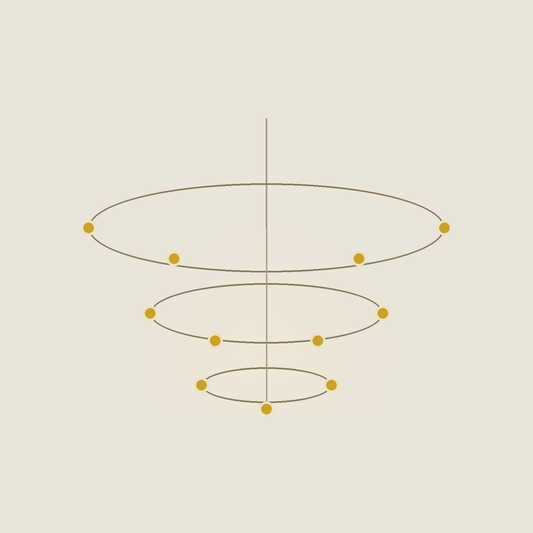 Halo chandelier — three tiers of hand-blown glass on a brass frame