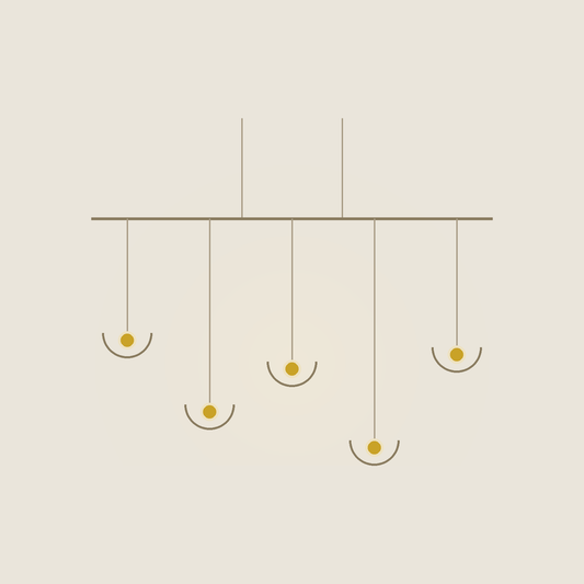 Meridian chandelier — a brass bar with weighted glass drops at uneven heights
