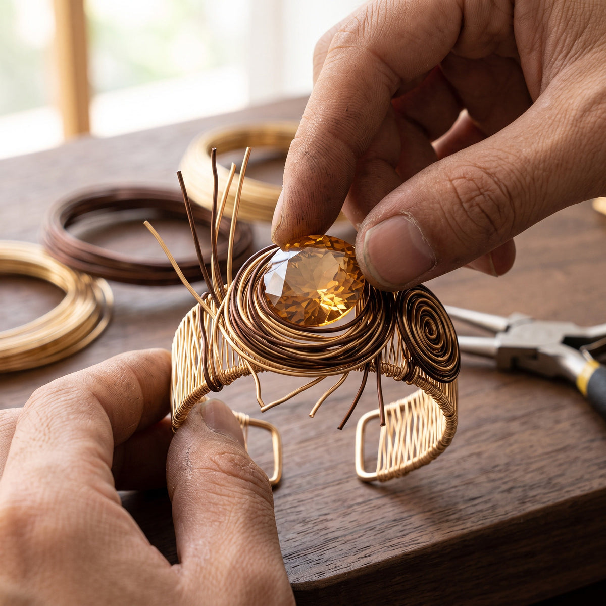 Hands setting a faceted amber stone into the open, unfinished wire cradle of a gold cuff on a workbench